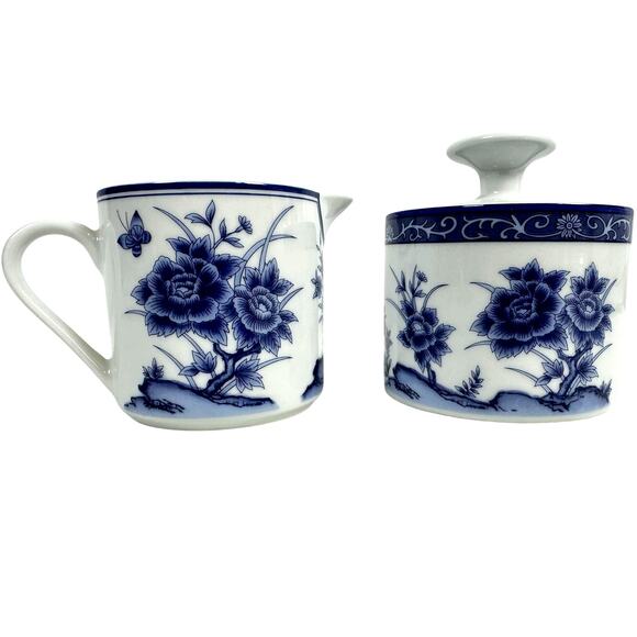 Imari Blossom China Retired Blue White Floral Butterfly Creamer/Sugar Bowl-Rare! - Picture 2 of 9